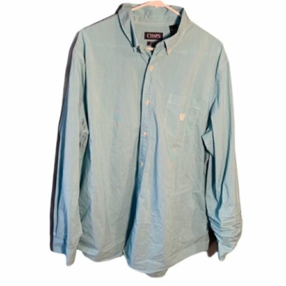 Chaps Mens Size XL Casual Button Down Shirt Teal Blue Embroidered Pocket Stretch